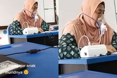 Mengharukan, Bu Guru Ini Tetap Mengajar di Kelas Memakai Nebulizer Walau Sakit dan Lemah