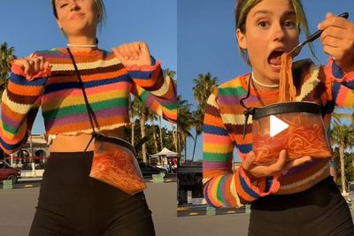Aksi Bule Cantik Isi Tas Transparan dengan Spaghetti dan Dibawa Jalan-Jalan