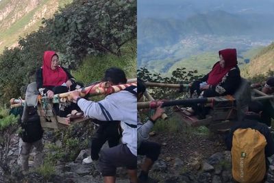 Momen Mbok Yem Pemilik Warung di Puncak Lawu Mudik Turun Gunung dengan Ditandu