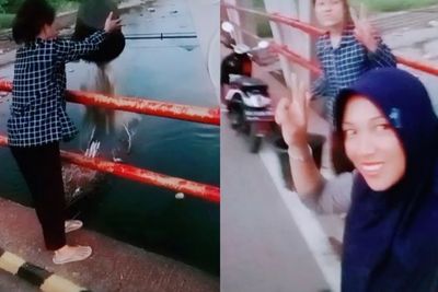 Jangan Ditiru! Aksi 2 Wanita Buang Sampah ke Sungai Sambil Joget TikTok di Atas Jembatan
