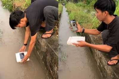Hanyutkan HP di Aliran Irigasi Demi Konten, Remaja Ini Panik HP-nya Hilang
