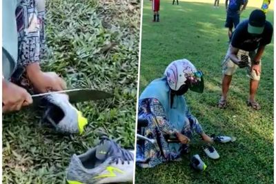 Diduga Suami Keseringan Main Sepak Bola, Ibu-ibu Ini Potong Sepatu di Lapangan