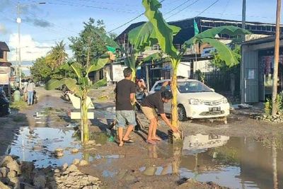 Ngamuk! Tiga Tahun Jalan Rusak Tak Diperbaiki, Warga Tanam Pohon Pisang di Tengah Jalan