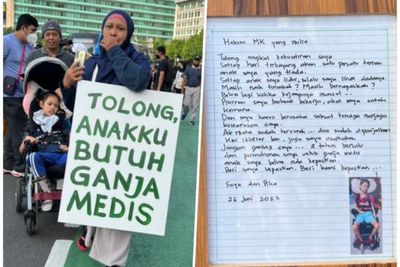 Sedih! Ibu Anak Penderita Lumpuh Otak Bawa Papan Tolong Anakku Butuh Ganja Medis di CFD