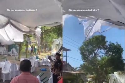 Momen Resepsi Pernikahan Diterpa Angin Kencang, Tamu Undangan Panik Tenda Hampir Roboh