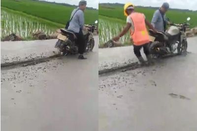 Bandel, Momen Pria Berpeci Terjebak di Jalan yang Sedang Dicor, Untungnya Ada Abang Proyek