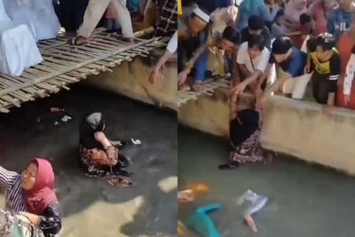 Heboh, Emak-Emak Nyemplung ke Sungai Saat Sedang Makan di Hajatan Nikah