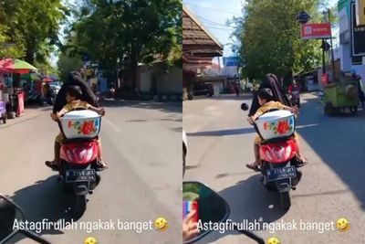 Tega, Aksi Emak-Emak Nyuruh Anaknya Pegangin Periuk Besar saat Naik Motor, Netizen Geram