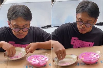 Bikin Kesal! Pria Ini Makan Nasi Diaduk ke Es Buah, Disangka Sayur Asem Kali Ya?