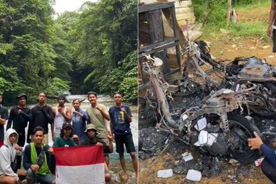 Asik Liburan di Air Terjun 7 Bidadari, Para Wisatawan Ini Syok Liat Motornya Terbakar