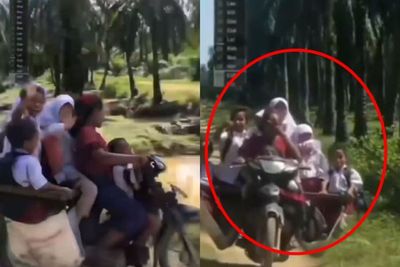 Gokil, Emak-Emak Ini Antar 7 Orang Anaknya Sekaligus ke Sekolah dengan Satu Sepeda Motor
