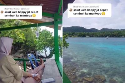 Wanita Ini Tetap Pergi Liburan Meski Sakit, Menikmati Pemandangan Sambil Diinfus