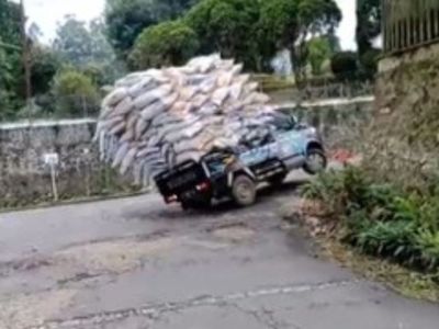 Tak Kuat Menahan Bawaan, Mobil Pikap Pengangkut Karung Jatuh Terguling!