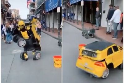 Keren! Orang Ini Kenakan Kostum Robot Bumblebee dan Berubah Jadi Mobil yang Bisa Jalan