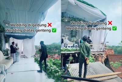 Tak Biasa, Pelaminan Pengantin Ini Letaknya di Atas Genteng! Tamu Undangan di Bawahnya