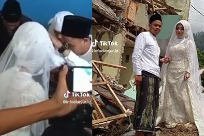 Haru! Sejoli Menikah di Tengah Reruntuhan Bangunan Gempa Cianjur, Banjir Ucapan Selamat