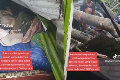 Santuy Banget! Kakek di Makassar Masih Asyik Merokok Meski Badan Tertimpa Pohon Tumbang