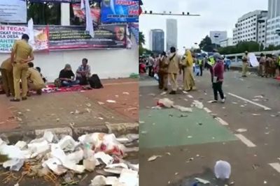 Tumpukan Sampah Berserak Usai Demo Perangkat Desa di Depan Gedung DPR RI, Netizan Kesal