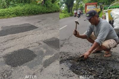 Usai Viral Ditambal Tukang Becak, Pemkab Lamongan Turun Gunung Perbaiki Jalan Berlubang