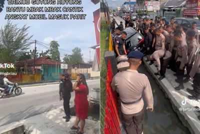Viral Mobil Cewek Cantik Terperosok ke Parit, Endingnya Diangkat Brimob Se-Batalion