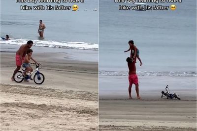 Momen Ayah Ajari Anaknya Bersepeda di Pantai Bikin Netizen Meleyot: Bahagia Itu Sederhana