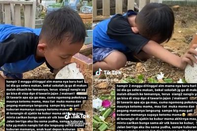 Momen Bocah Tertunduk Sedih di Makam Ibunya, Nyesek Banget Sampai Mau Gali Kuburan