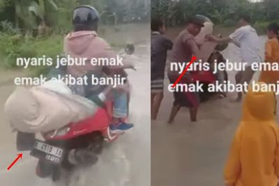 Waduh! Emak-emak Nyaris Terjungkal saat Lewati Banjir, Netizen Kasihan tapi Ngakak