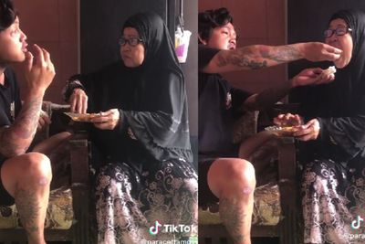 Momen Romantis Pria Bertato Makan Sepiring Berdua dengan Ibu, Suap-suapan Bikin Ngiri