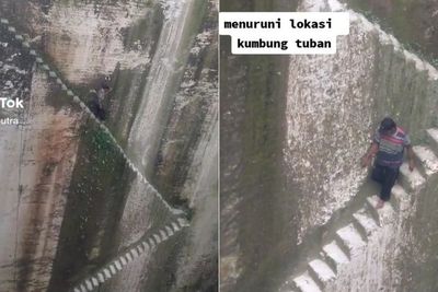 Momen Mengerikan Pria Turuni Tangga Tambang Batu Kumbung Tuban, Lihatnya Bikin Kaki Lemes