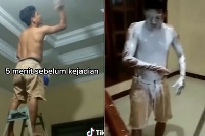 Ngakak! Niat Ngecat Plafon Rumah, Badan Pria Ini Malah Glow Up karena Ketumpahan Cat