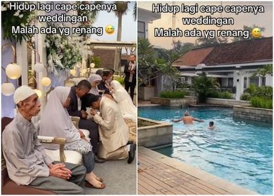 Pengantin Lagi Nangis Sungkeman di Pelaminan, Kakek dan Cucunya Malah Asyik Berenang di Belakang