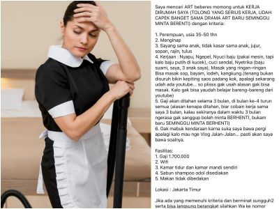Viral di Medsos, Wanita di Jaktim Ini Mencari ART dengan Kriteria Tidak Masuk Akal