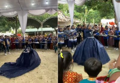 Momen Pengantin Wanita di Bangkalan Pamer Skill Bermain Tongkat Mayoret di Resepsi Pernikahan