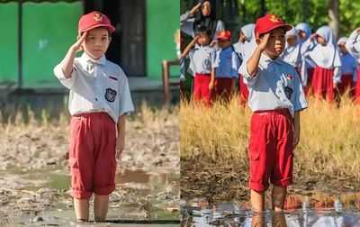Kondisi Sekolah Sedang Banjir Lumpur, Tak Menghalangi Siswa SD Untuk Melaksanakan Upacara