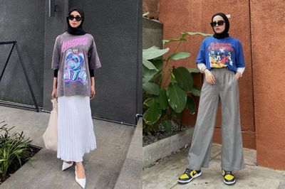 6 OOTD Kaos Oversize dengan Celana dan Rok untuk Wanita Hijab