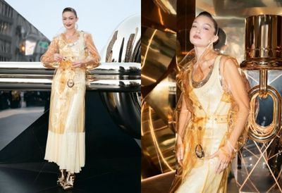 Tampil Elegan, Gigi Hadid Pakai Busana Kuning Mentega dengan Jaket Transparan dan Elemen Emas di Pop-up Rabanne NYC