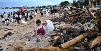 Ratusan Relawan Bersihkan Pantai Kedonganan dari Puluhan Ton Sampah Plastik Akibat Musim Hujan