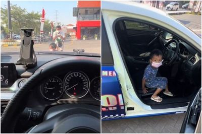 Momen Polisi Pantau Ayah dan Anak Foto Depan Mobil Patwal, Terharu Diizinin Duduk dalam Mobil