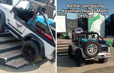 Mobil Offroad Hancurkan Tangga Panggung di Lapangan Kesenian Sumenep