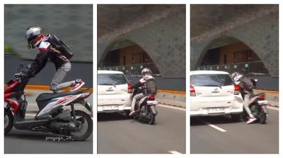 Viral Pemotor Seruduk Mobil saat Atraksi di Jalan Raya, Warganet Geram!