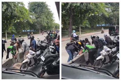 Aksi Viral Rombongan Pemotor Gotong Royong Bongkar Pembatas Jalur Busway di Jakut Usai Terjebak