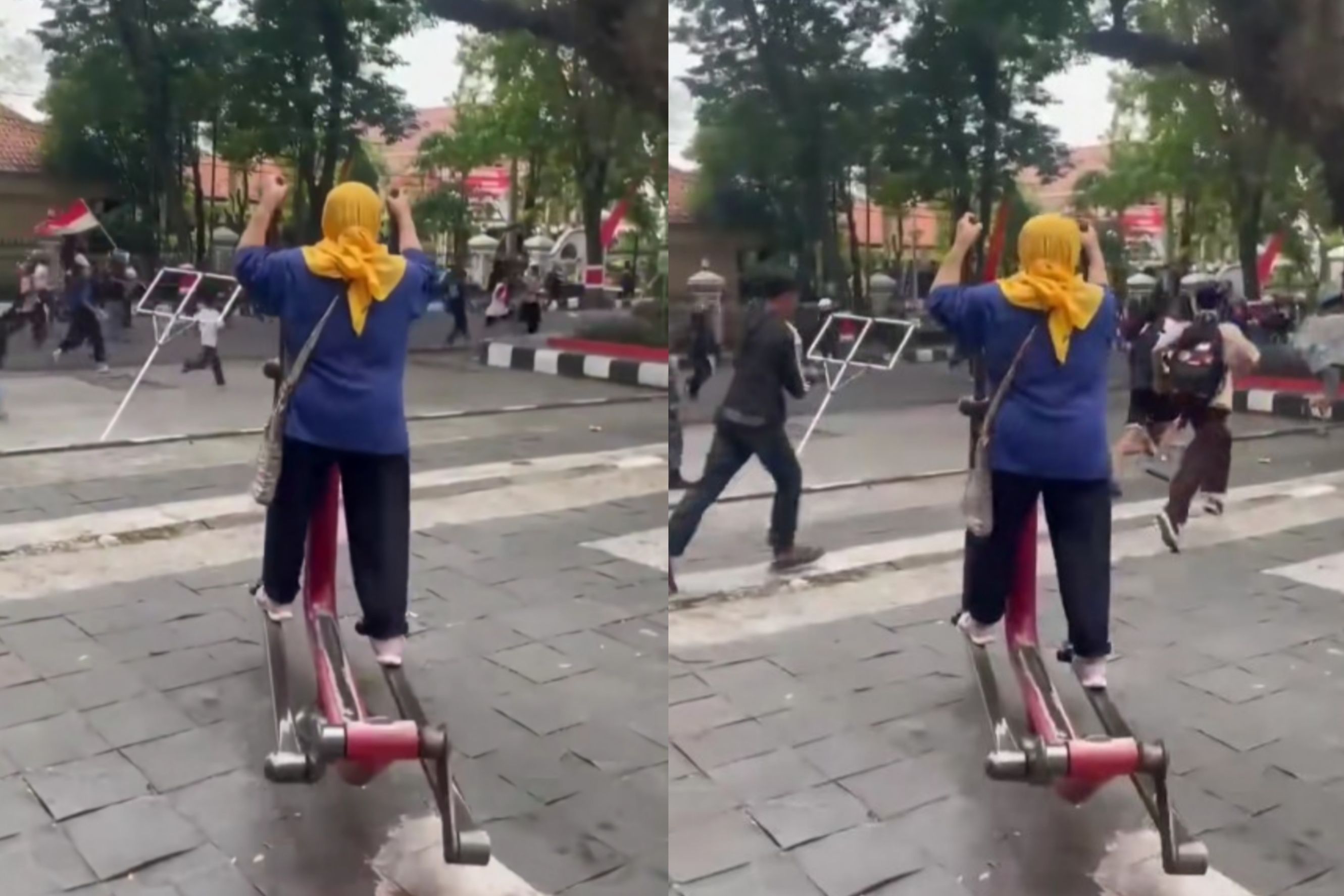 Santuy Abis! Emak-emak Malah Asik Olahraga di Tengah Aksi Demo Yang Lagi Memanas