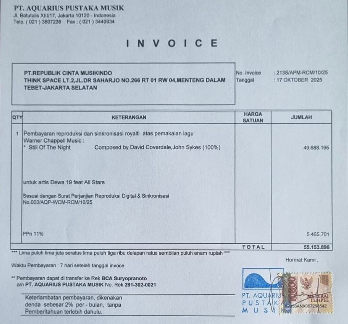 Ahmad Dhani Unggah Tagihan Invoice Lagu Still of the Night : Biar Pada Tau Harga Royalti
