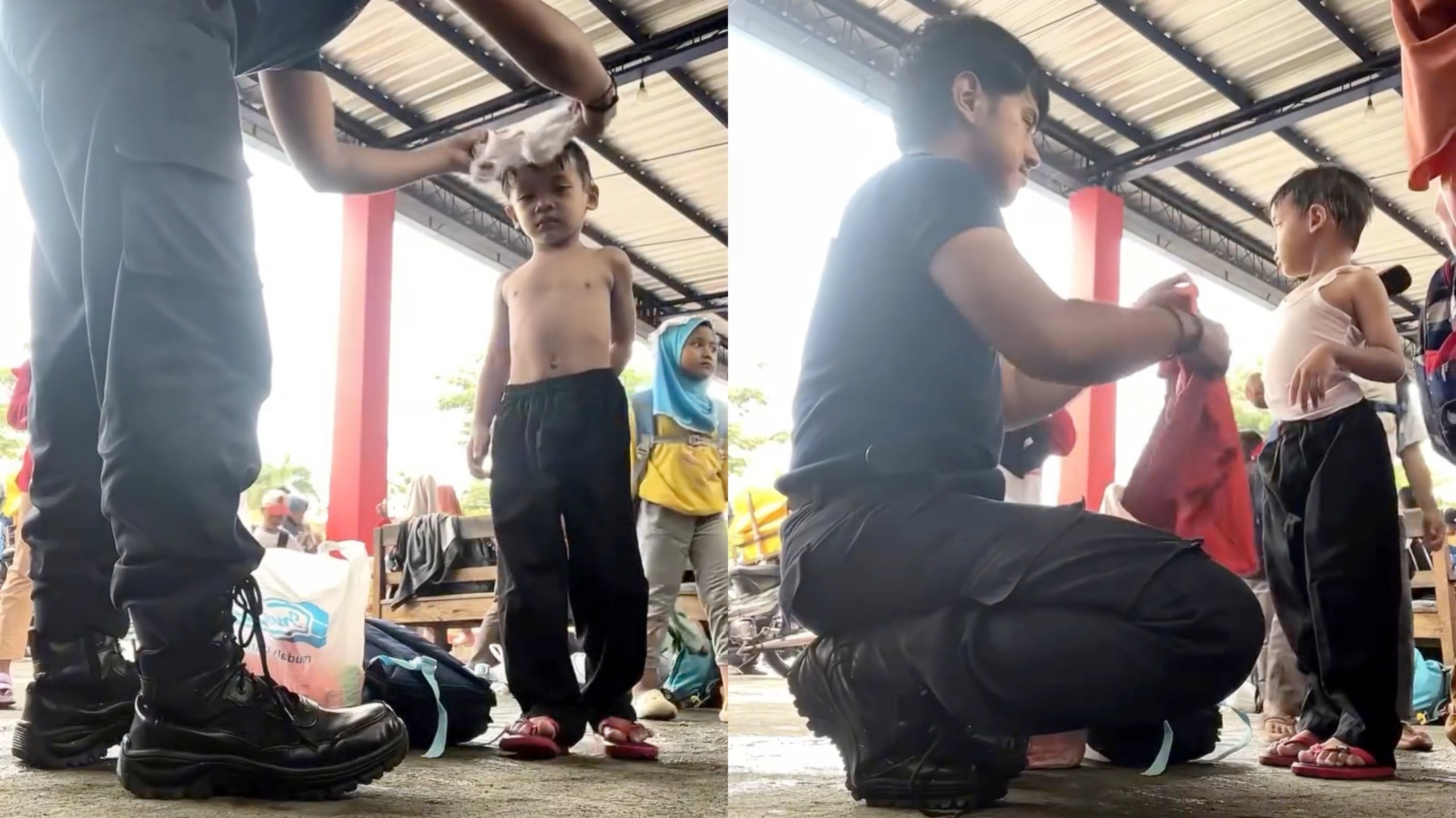Petugas Damkar ini Bantu Ganti Baju Anak Kecil yang Basah Kuyup, Aksinya Saat Bermain Air Banjir Pujian Netizen