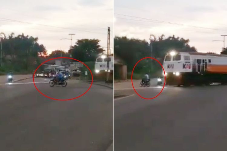 Ngeri! Detik-detik Pemotor Nyaris Gepeng Dilindas Kereta Api karena Terobos Perlintasan