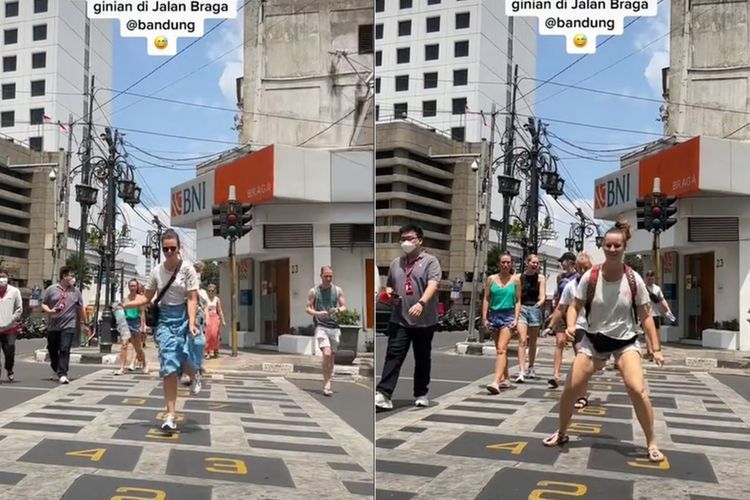 Aksi Bule Girang Main Engklek saat Nyebrang Jalan Braga Bandung Bikin Warganet Nostalgia