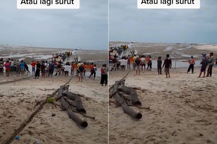 Pemandangan Air Laut Kering di Pantai Sampur Bangka Belitung, Warga Tampak Berkumpul