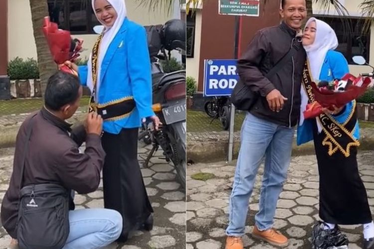 Momen Haru Cewek Dipeluk Ayah Usai Sidang Skripsi, Sweet Banget Dibawain Boneka