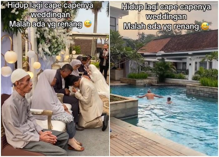 Pengantin Lagi Nangis Sungkeman di Pelaminan, Kakek dan Cucunya Malah Asyik Berenang di Belakang
